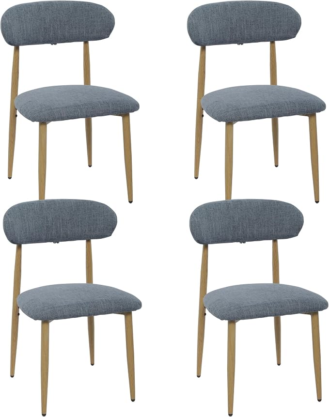 FREKEN Modern Upholstered Dining Chairs Set of 4, Mid-Century Metal Frame with Wood Grain, Linen Fabric Side Chair for Kitchen Dining Room, 350lbs Capacity, Grey