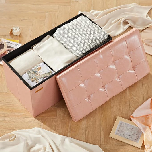 HAUSFRAU - 30 Inches Storage Ottoman Bench with Flipping Lid, Foldable Storage Chest Foot Rest for Living Room, Bedroom, Entryway, Load 660 lb, Synthetic Leather, Pink