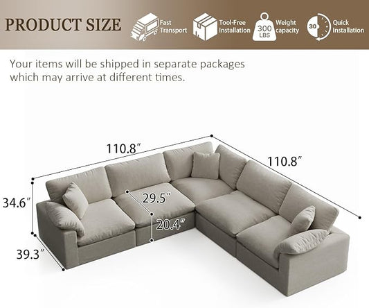 211.6" Cloud Modular Sectional Sofa,Light Beige Down Filled Sofa 5 Seat,Minimalist Sofa Cover Washable and Replaceable Couches for Living Room,Sectional Sofa Deep Seat
