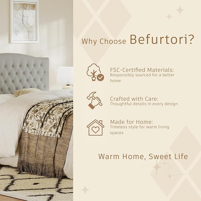 Queen Headboard Only, Linen Classic Tufted Design, Gray Linen | 2 installation options: 1.bed frame mount 2.wall mount (for adjustable bed), Classic hand-tufted headboard king size