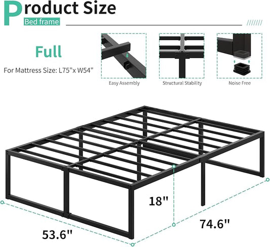 Lutown-Teen 18 Inch Full Bed Frame No Box Spring Needed, Heavy Duty Metal Platform Beds with Sturdy Steal Slats for Mattress Foundation, Easy Assembly, Noise Free, Black