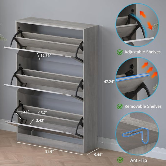 BORNOON Shoe Cabinet with 3-Flip Mirror Drawers, Freestanding Shoe Rack Organizer with Hidden Handle, Slim Narrow Shoe Storage Cabinet for Entryway, Entrance, Hallway, Bedroom