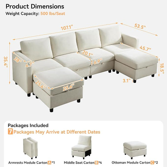 WUTUTUEE 107”Modular Sectional Sofa Convertible U Shaped Sofa Couch Set with Storage for Living Room, Modern 6 Seater Modular Sectional Couch with Movable Ottoman, Chenille(Beige)