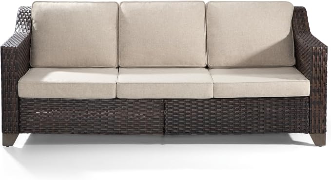 77'' Patio Sofa, All Weather Outdoor Rattan Wicker 3-Seat Sofa High Back Couch with Premium Cushions for Garden Backyard Porch(Brown/Beige)