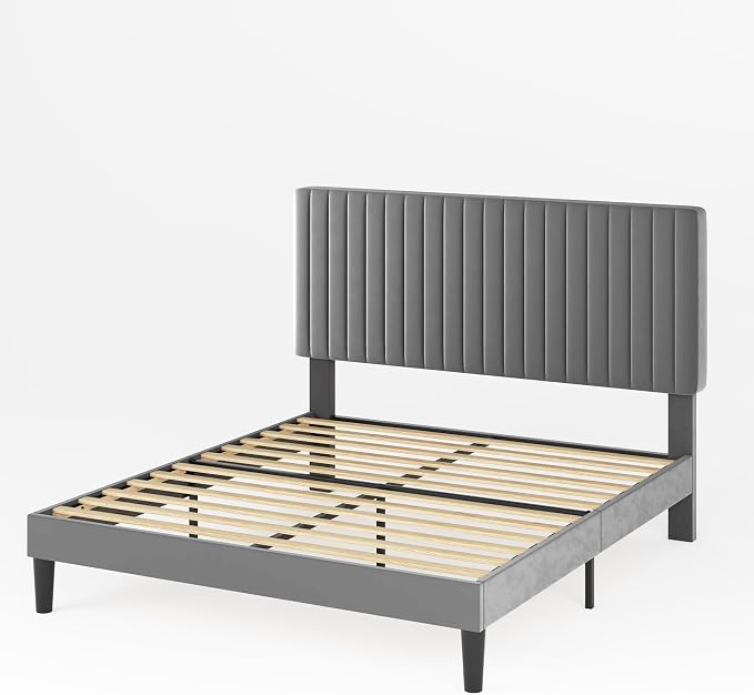 Allewie Full Bed Frame, Velvet Upholstered Platform Bed with Adjustable Vertical Channel Tufted Headboard, Mattress Foundation with Strong Wooden Slats, Box Spring Optional, Easy Assembly, Grey