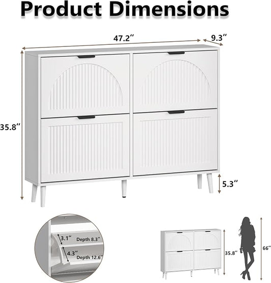 BORNOON Shoe Cabinet for Entryway with 4 Flip Drawers, Slim Wooden Shoe Storage Organizer with Modern Fluted Pannel,Freestanding Narrow Hidden Shoe Rack for Hallway, Foyer, Living Room