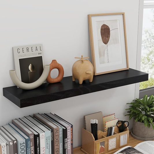 fuqing 30 Inch Floating Shelves for Wall, Black Wood Floating Shelves Set of 2, 30 Inch Wide x 6.7 Inch Deep Wooden Shelves for Living Room Bedroom Bathroom Home Office
