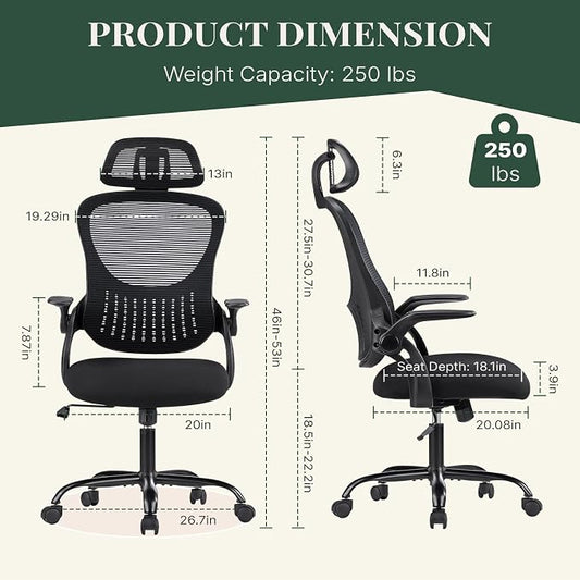 Ergonomic Office Chair, Comfy Desk Chair with Wheels, Adjustable Headrests, Flip-Up Armrests, Breathable Mesh High-Back, Comfortable Swivel Seating for Home Computer, Black