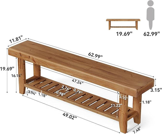 LITTLE TREE 63" Solid Wood Entryway Bench, Rustic Wooden Shoe Bench with Slatted Storage Shelf, Heavy Duty Indoor Bench for Hallway, Bedroom, Living Room, Dining Room
