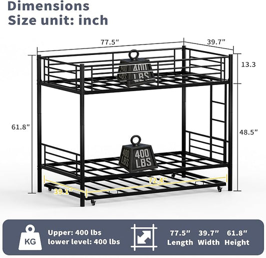 Twin Over Twin Bunk Bed Frame with Trundle,Metal Bunk Bed Bedframe with Guard Rail and Ladders for Adults,Can be Divided into 3 Beds, No Box Spring Needed,Space Saving Design