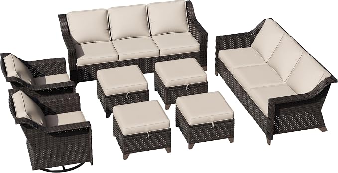 8 Pieces Patio Conversation Furniture Set - 2 Sofas, 4 Ottomans, 2 Swivel Chairs, 1 Side Table, Outdoor Wicker Furniture with Removable Cushions for Porch, Balcony, Sunroom (Beige)