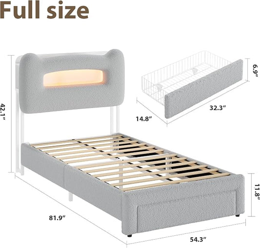 GarveeHome LED Full Bed Frame with 2-Tier Storage Headboard, Upholstered Platform Bed with Charging Station and Drawer, Metal Support, No Box Spring Needed, Grey