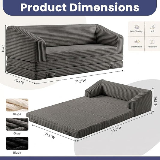 JUIKURY Convertible Sofa Bed, 3-in-1 Foldable Loveseat Couch with Armrest, Corduroy Floor Sofa & Sleeper Bed, No Assembly High-Density Foam Futon Mattress for Living Room, Small Apartment, Dorm