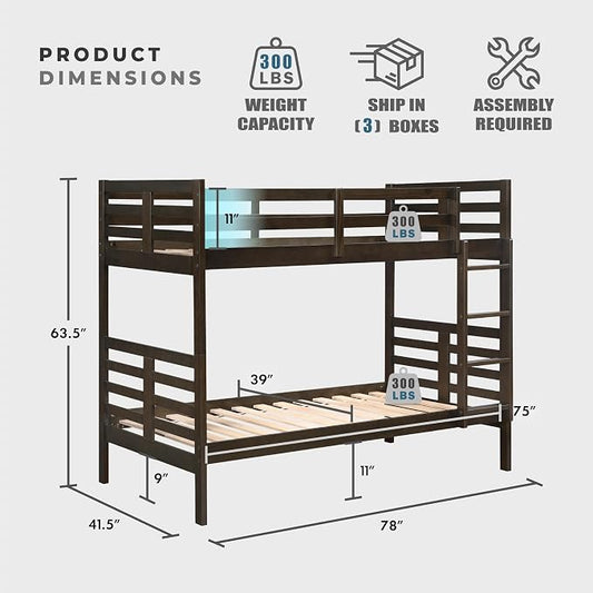 Lexicon Bunk Bed Twin Over Twin, Wooden Bed Frame with Sturdy Ladder and Safety Guard Rails, Modern Space-Saving Design, for Bedroom/Guest Room, No Box Spring Needed, Dark Brown