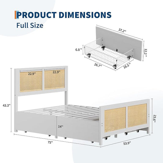 IDEALHOUSE Rattan Bed Frame with Storage Drawers, Boho Full Size Led Bed Frame with Strong Metal Slats Support, No Box Spring Needed, Noise-Free Design, White