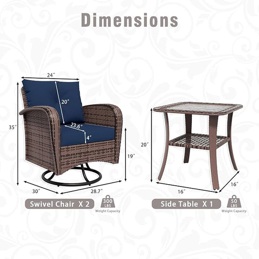 3 Piec Patio Bistro Set with 2 Rocking Chairs & Table, 360° Swivel PE Wicker Outdoor Furniture, Heavy-Duty Steel Frame,Weatherproof Cushions, Blue