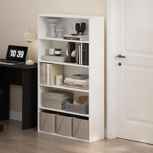 Furinno PASIR Book Shelf, 5-Tier Bookshelf, Bookcase with Open Shelf, 9.4 x 31.5 x 52.7, for Living Room, Bedroom, Home Office, White