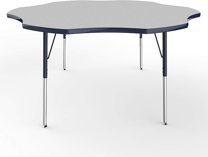 FDP Flower Activity School and Office Table (60 inch), Standard Legs with Swivel Glides for Collaborative Seating Environments, Adjustable Height 19-30 inches - Gray Top and Navy Edge