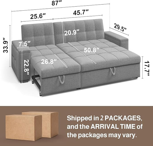 Ahomly 87" Convertible Sofa Bed – Space-Saving Sleeper with Pull-Out Design, Adjustable Backrest, Wide Armrests with Storage, Plush Cushions, Cozy for Small Spaces (Light Grey)