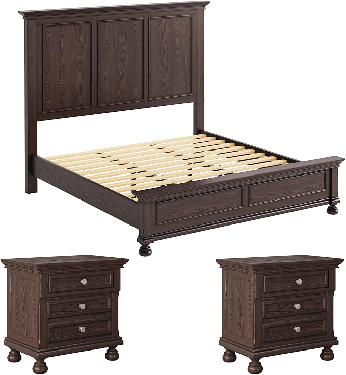 AMERLIFE Solid Wood 3 Piece Bedroom Set Including 65.2" High King Bed Frame, Fully Assembled Nightstands Set of 2 with 2 Storage Drawers for Bedroom, Dark Brown