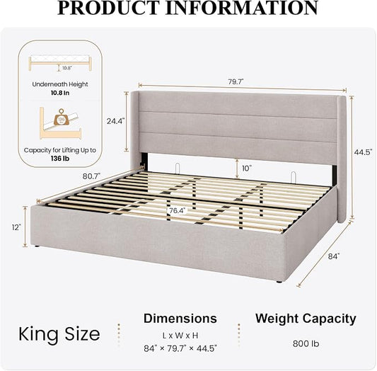 SHA CERLIN King Size Lift Up Storage Bed/Modern Wingback Headboard/Upholstered Platform Bed Frame/Hydraulic Storage/No Box Spring Needed/Wood Slats Support/Light Beige