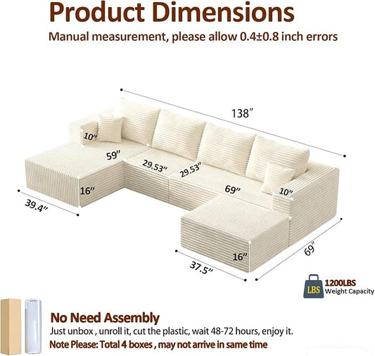 138" Modern Modular Sectional Sofa, U-Shaped Cloud Couch, Soft Corduroy Boneless Couch with 3060 High Rebound Memory Foam, Sectional Couches for Living Room-Beige(Left Facing Chaise)