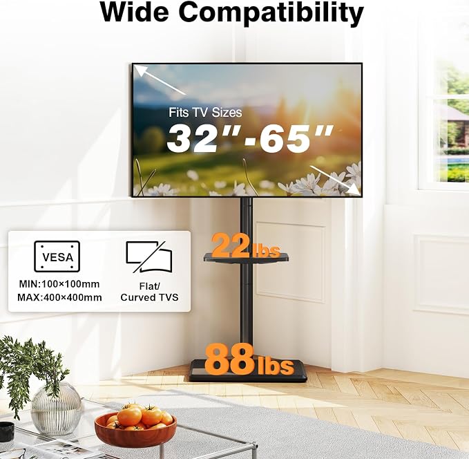 TVON Floor TV Stand with Mount for Most 32-65 Inch Flat/Curved TVs up to 88 lbs, Height Adjustable TV Mount Stand with Wood Base, Swivel TV Stand for Bedroom, Corner & Living Room, Max VESA 400x400mm