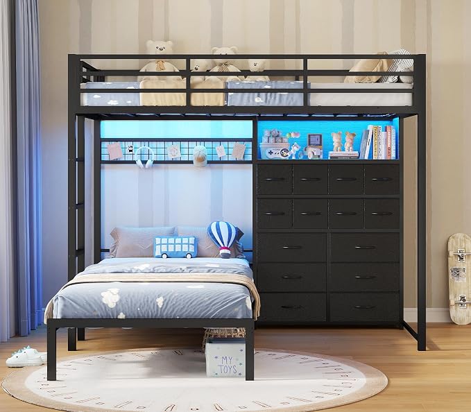 BTHFST Bunk Bed Twin Over Twin with 14 Storage Drawers & Bookshelf, Twin Bunk Beds with RGB LED Lights & Metal Grid Panel, Metal Bunk Beds for Kids with Safety Guardrails & Ladder, Black