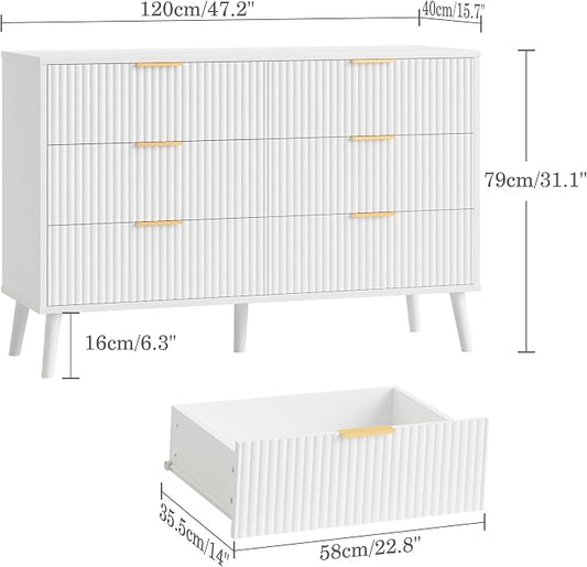 Fluted 6 Drawers Dresser for Bedroom, Wooden Wide Chest of Drawers with Metal Handle, Dresser TV Stand, Closet Storage Organizer for Entryway, Living Room, Hallway (White)