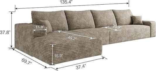 135" Corduroy Couch Sectional with Chaise, L Shape Boneless Cloud Couches for Living Room Bedroom, Modular Corner Couch, Fluffy Deep Seat Compression Sofa, Left Facing Chaise, No Assembly, Camel