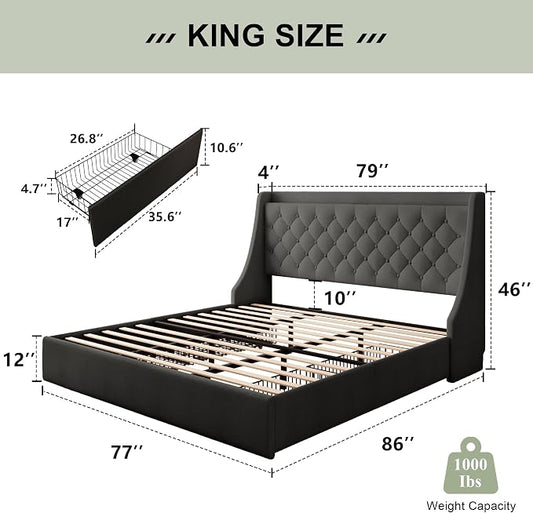 Feonase Upholstered King Size Bed Frame with 4 Storage Drawers, Large Wingback Headboard, No Box Spring Needed, Black