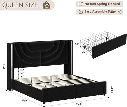 HITHOS Queen Upholstered LED Bed Frame with 2 Storage Drawers, Velvet Platform Bed with Wingback Headboard, Solid Wooden Slats Support, No Box Spring Needed, Headboard Splicing Design, Black
