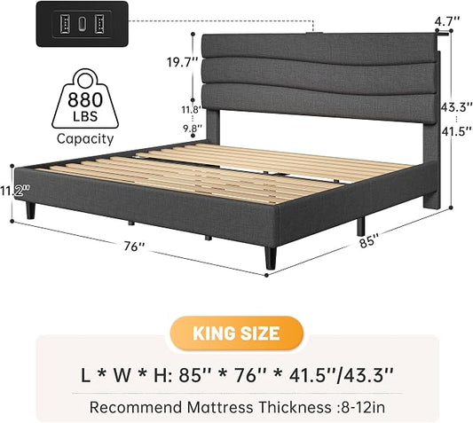 EnHomee King Bed Frame with Adjustable Height Upholstered Headboard, Charging Stations, Noise-Free Platform Bed, No Box Spring Needed,Easy Assembly, Grey