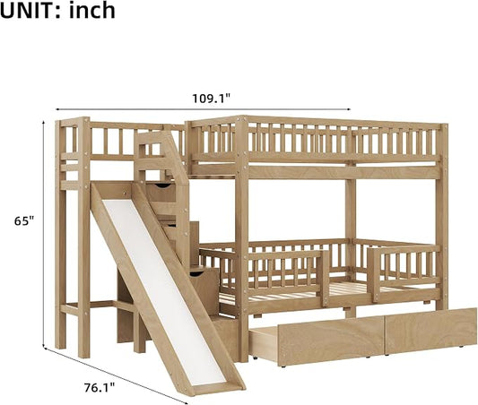 RUNNA Twin Over Twin Bunk Bed with Slide,Storage Drawers,Walnut | Built for kids who play hard and parents who hate clutter. Sturdy wood, safety rails & easy-access drawers—one bed, zero mess