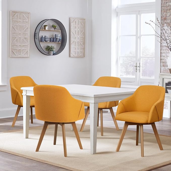 Swivel Dining Chairs Set of 4, Linen Fabric Upholstered Dining Chairs with Arms and Wood Legs, Mid Century Modern Kitchen Chairs for Dining Room Living Room 360°Swivel, Comfortable Large Seat, Yellow