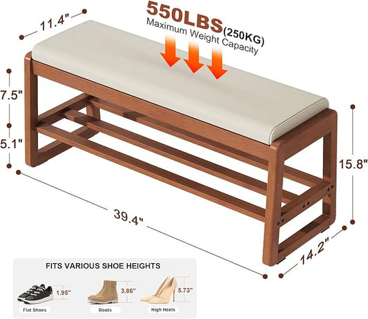 PETKABOO Shoe Bench Storage Rubberwood with Leather Cushion 39.4", Waterproof Easy to Clean 550LBS Organizer Shoe Rack for Entryway, Hallway, Mudroom, Front Door