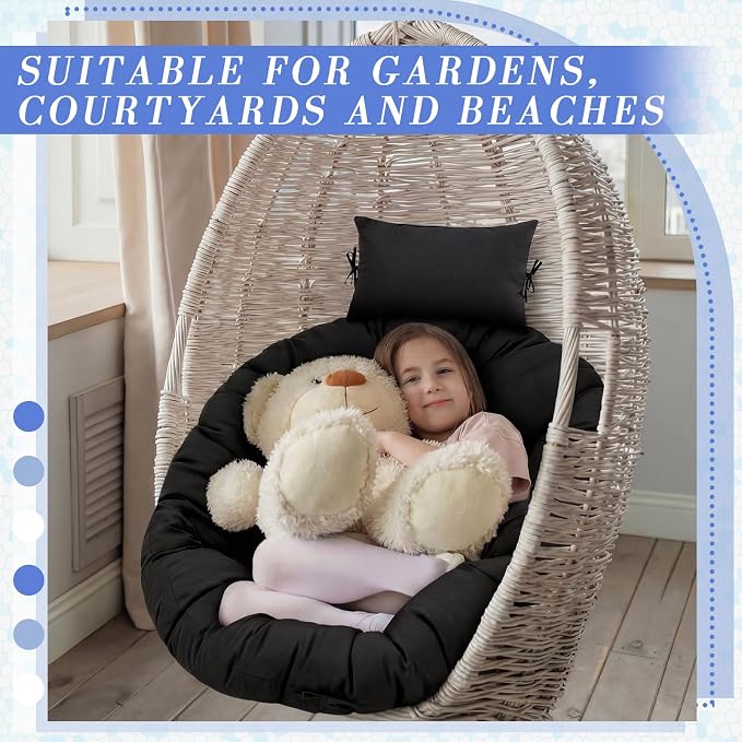 Tudomro Black Egg Chair Cushion Hanging Basket Chair Replacement 45x45 Hammock Basket Swing Waterproof Cushion Hanging Swing Pads with Headrest for Indoor Outdoor Porch Backyard Patio Garden