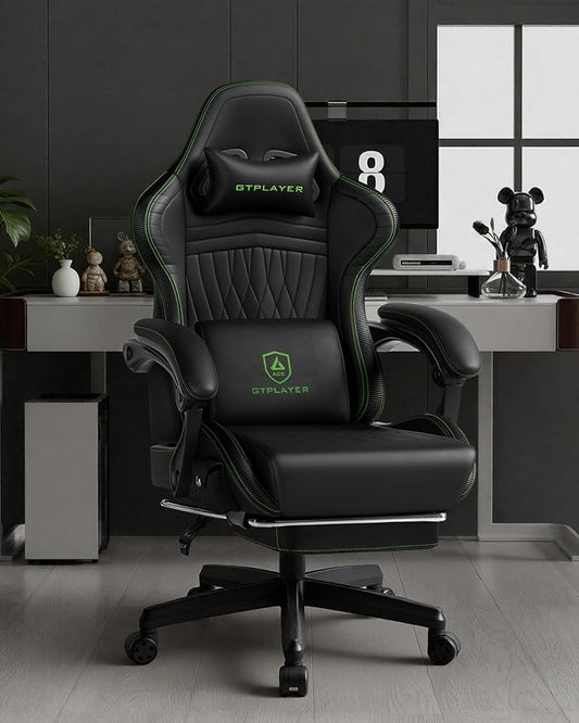 GTPLAYER Gaming Chair with Speakers, Video Game Chairs with Footrest, PC Gamer Chairs for Adults - Padded High Back Ergonomic Reclining Silla Gamer, Linkage Armrest, Ace Pro, Green