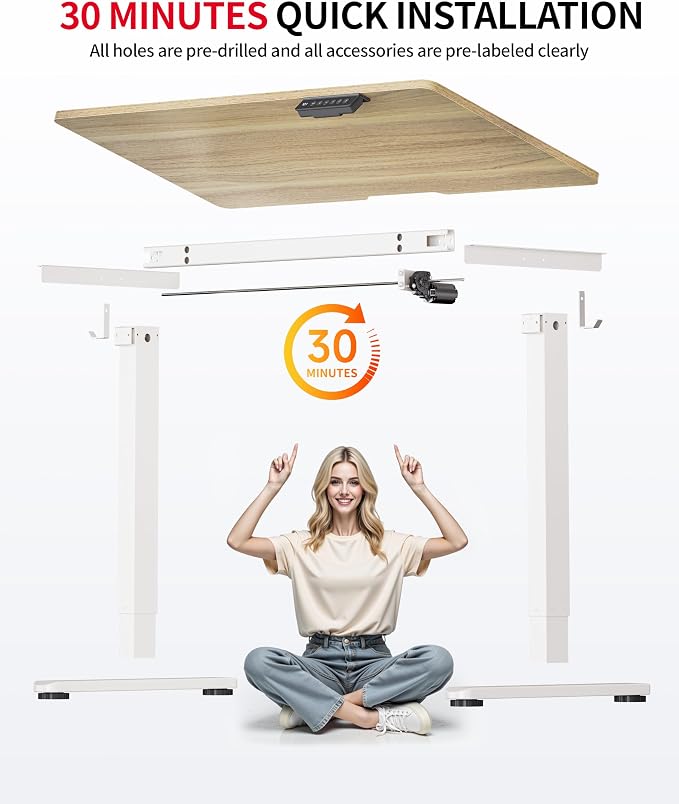 Okin Standing Desk Electric Adjustable Computer Desks, Whole Piece Stand up Desk Office Gaming Home Office Memory Desks 48x24 inches Cream Pecans