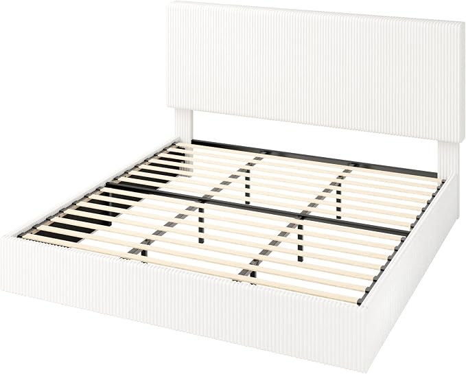 Allewie King Bed Frame, Upholstered Platform Bed, Adjustable Vertical Channel Tufted Headboard, Corduroy Fabric, Modern Low Profile, Wooden Slats, No Box Spring Needed, Easy Assembly, White