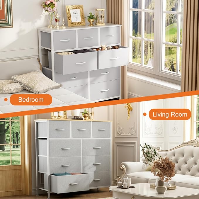 Sweetcrispy 9 Drawer Fabric Dresser Storage Tower with Wood Top and Steel Frame, Organizer Chest with Easy Pull Handles for Bedroom, Closet, Hallway,Light Gray