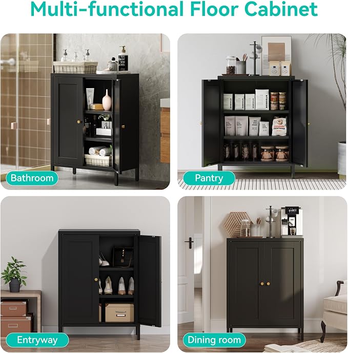 Small Metal Storage Cabinet,11.8" D x 23.6" Wx31.5 H,Bathroom Cabinet with Adjustable Shelves,Shaker Cabinet for Kitchen Living Room Entryway Dining Room, 3-Tier,Black