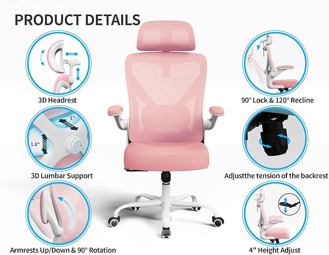 Pink Ergonomic Office Chair: Mesh Desk Chair Comfy with Adjustable Lumbar Support 330lbs High Back Computer Gaming Chair - Big and Tall Office Chairs with Headrest - Adults Home Office