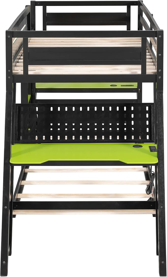 Merax Wooden Twin Over Twin Bunk Bed with 2 Side Desks, USB Desktop Ports and Pegboard Organizer, Gaming Bunk Bed for Gamer, Kids or Teens, No Box Spring Needed, Green