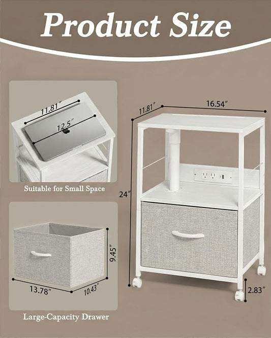 Faesun Swivel Lift Top Nightstand with Charging Station, Rolling Side Table for Recliner, Bedside Table with Wheels & a Fabric Drawer, for Small Spaces, for Bedroom, Living Room, White Gray