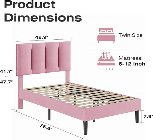 VECELO Twin Size Bed Frame with Upholstered Headboard, Heavy-Duty Bedframe with Wooden Slats & Steel Framework, Easy Assembly, Velvet & Pink