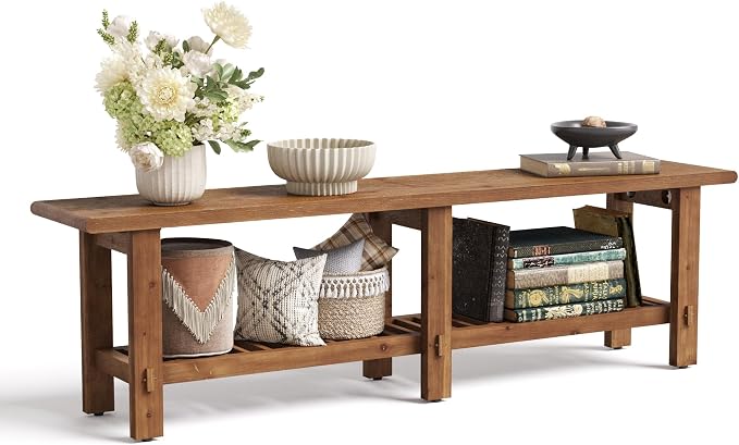 LITTLE TREE Solid Wood Entryway Shoe Bench, 63" Farmhouse Narrow End of Bed Bench with Storage Rack for Bedroom, Living Room, Entry Way, Front Door, Window, Hallway, Rustic Brown