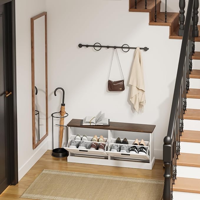 SoBuy Narrow Shoe Bench with Flip Drawers - Slim White Entryway Shoe Storage Bench for Small Spaces, Modern Shoe Cabinet Organizer for Hallway or Foyer, Compact Wooden Shoe Rack, FSR217-WN