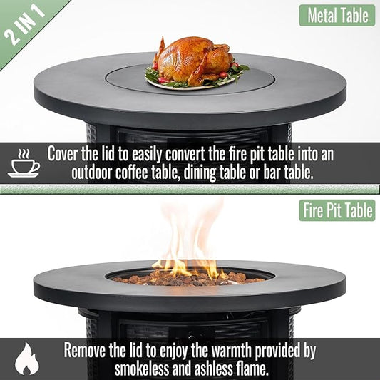 GDFStudio 30" Round Propane Fire Pit Table, 50000 BTU Outdoor Gas Heater with Steel Top & Wicker Base, for Patio, Deck, Garden, Black