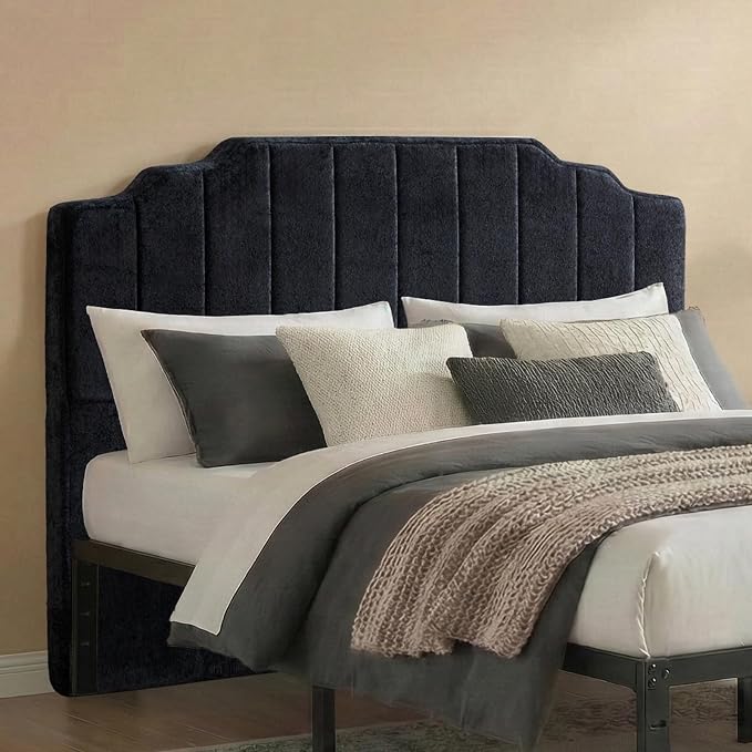 King Headboard Only - Black Velvet Upholstered Headboard for Bed, No Assembly Required, Pure Sponge Design, Comfort Head Board, Place Between Bed & Wall, Vertical Stripe with Stepped Crown Top Edge